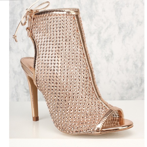 Windsor Sexy Rose Gold Rhinestone Peep Toe Cutout Heel High Heels Booties 7.5 - Picture 1 of 15